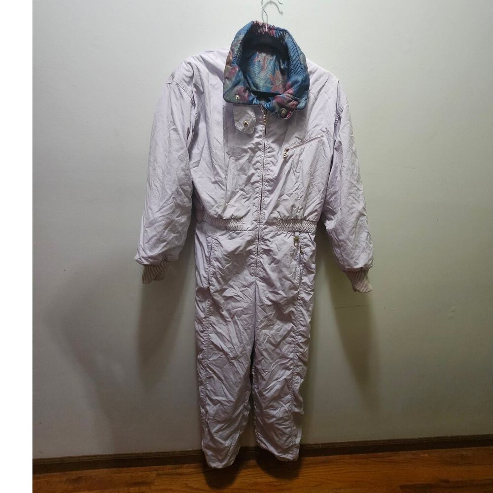 Vintage 80s Bogner Lilac Floral One Piece Ski Suit Snowsuit Size 8